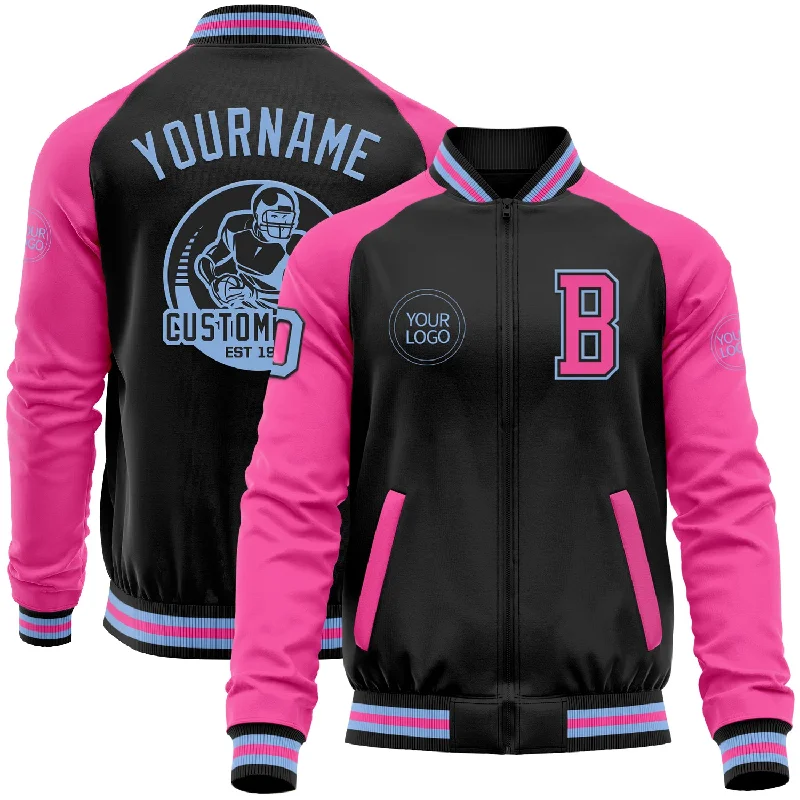 Lightweight Windbreaker Jacket for Active Outdoors-Custom Black Light Blue-Pink Bomber Varsity Letterman Two Tone Zipper Jacket