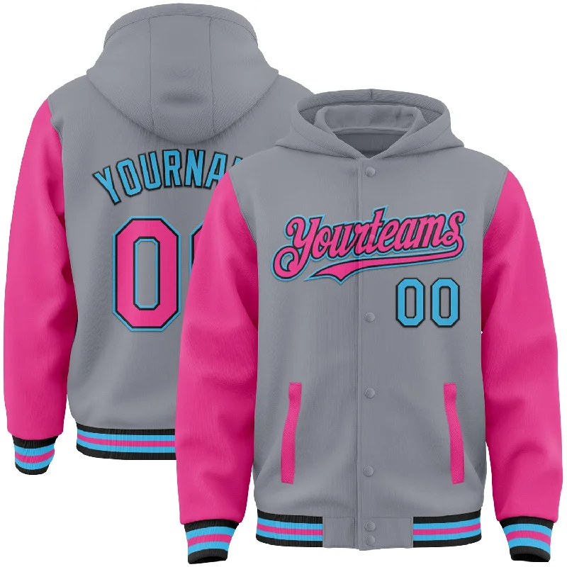 Bold Color Hoodie for Attention-Grabbing Style-Custom Gray Pink Black-Sky Blue Bomber Full-Snap Varsity Letterman Two Tone Hoodie Jacket