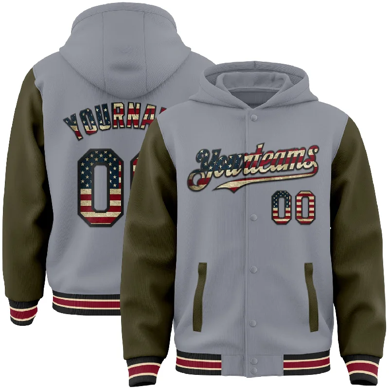 Oversized Pullover Hoodie for Casual Comfort-Custom Gray Vintage USA Flag Olive Black City Cream-Crimson Bomber Full-Snap Varsity Letterman Two Tone Hoodie Jacket