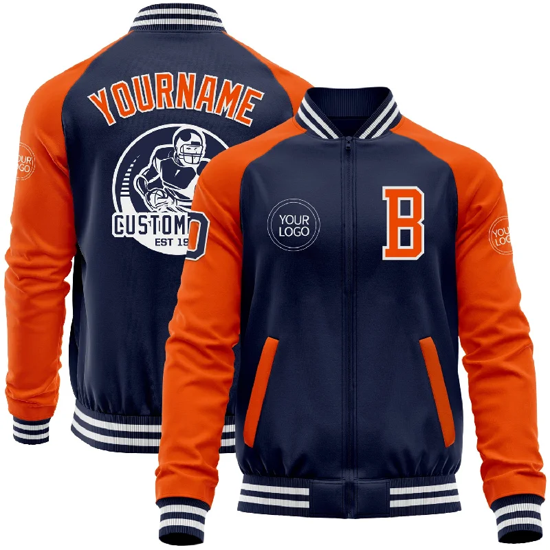 Eco-Friendly Recycled Material Jacket for Sustainability-Custom Navy Orange-White Bomber Varsity Letterman Two Tone Zipper Jacket