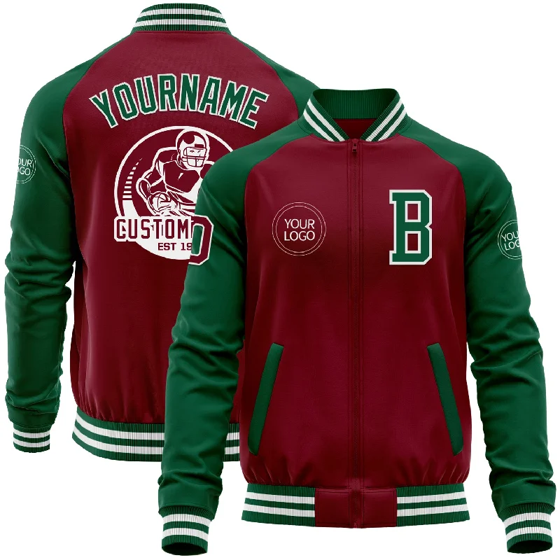 Sports Training Jacket for Comfort and Performance-Custom Crimson Kelly Green-White Bomber Varsity Letterman Two Tone Zipper Jacket