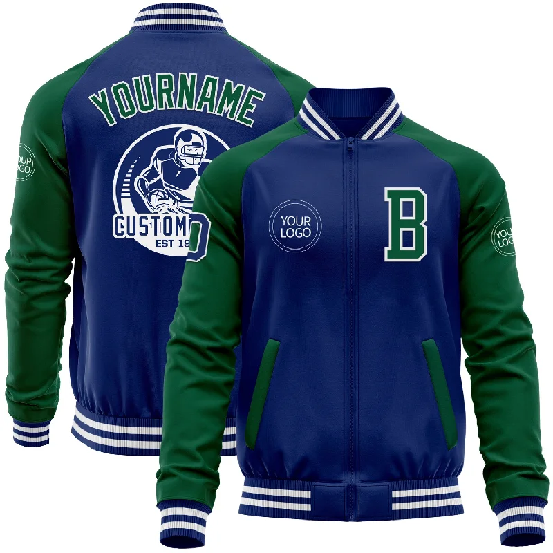 Padded Jacket for Extra Insulation in Cold Weather-Custom Royal Kelly Green-White Bomber Varsity Letterman Two Tone Zipper Jacket