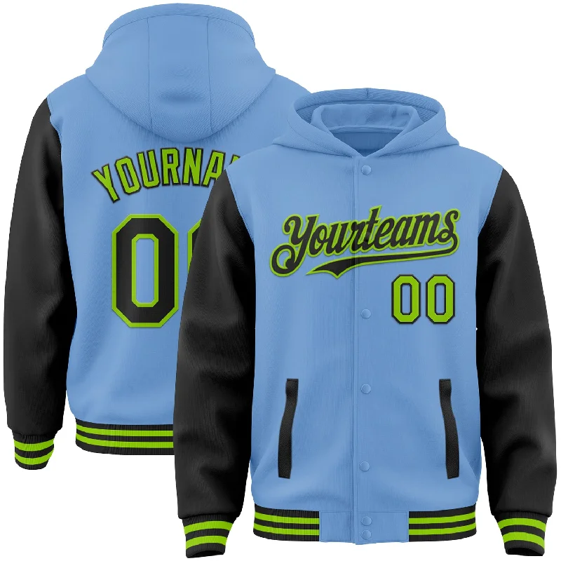 Customizable Hoodie for Personalized Apparel-Custom Light Blue Black-Neon Green Bomber Full-Snap Varsity Letterman Two Tone Hoodie Jacket