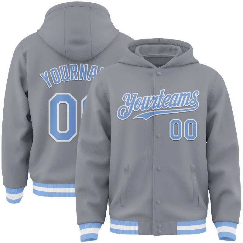 Lightweight Packable Hoodie for Travel-Custom Gray Light Blue-White Bomber Full-Snap Varsity Letterman Hoodie Jacket