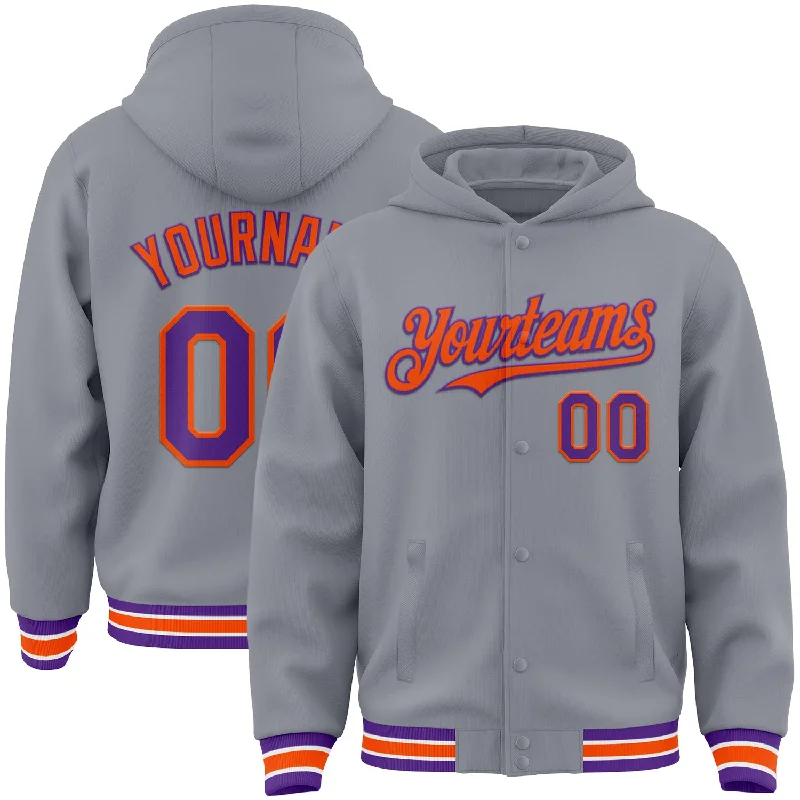 Breathable Running Hoodie for Active Wear-Custom Gray Purple-Orange Bomber Full-Snap Varsity Letterman Hoodie Jacket