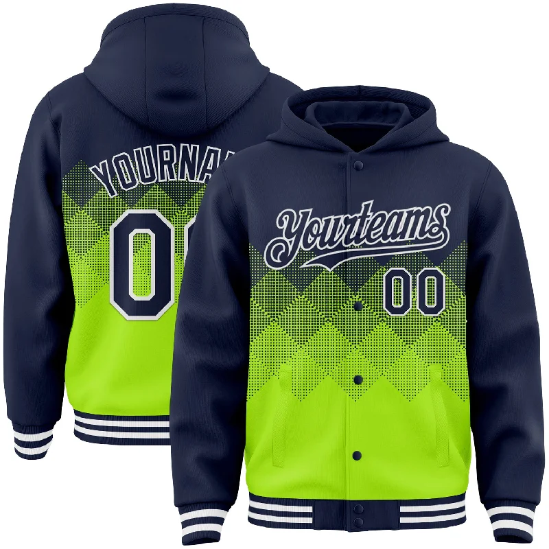 Trendy Pullover Hoodie for Street Fashion-Custom Navy Neon Green-White Gradient Square Shape 3D Pattern Design Bomber Full-Snap Varsity Letterman Hoodie Jacket