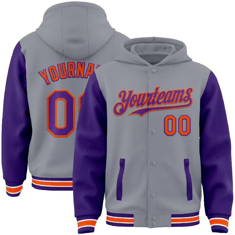 Athletic Hooded Sweatshirt for Gym Workouts-Custom Gray Purple-Orange Bomber Full-Snap Varsity Letterman Two Tone Hoodie Jacket