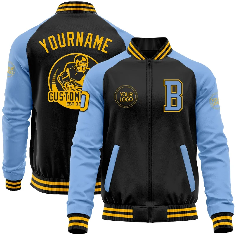 Easy Layering Jacket for Stylish Looks-Custom Black Gold-Light Blue Bomber Varsity Letterman Two Tone Zipper Jacket