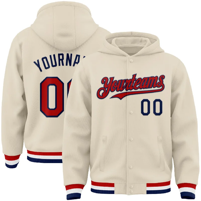 Minimalist Hoodie for Simple, Clean Look-Custom Cream Red Navy-White Bomber Full-Snap Varsity Letterman Hoodie Jacket