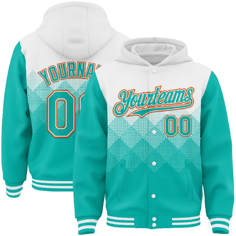 Hoodie with Logo for Brand-Loyal Fashion-Custom White Aqua-Orange Gradient Square Shape 3D Pattern Design Bomber Full-Snap Varsity Letterman Hoodie Jacket