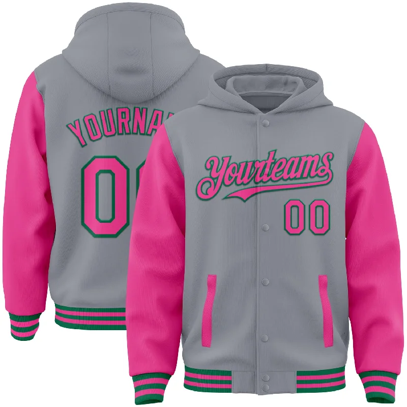 Simple Zip Hoodie for Easy Casual Style-Custom Gray Pink-Kelly Green Bomber Full-Snap Varsity Letterman Two Tone Hoodie Jacket