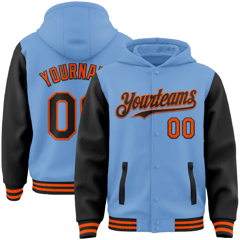 Lightweight Packable Hoodie for Travel-Custom Light Blue Black-Orange Bomber Full-Snap Varsity Letterman Two Tone Hoodie Jacket