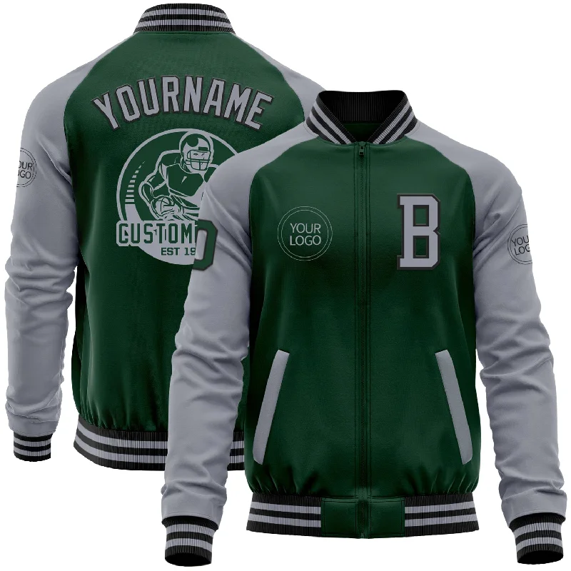 Durable Canvas Jacket for Heavy-Duty Wear-Custom Green Gray-Black Bomber Varsity Letterman Two Tone Zipper Jacket