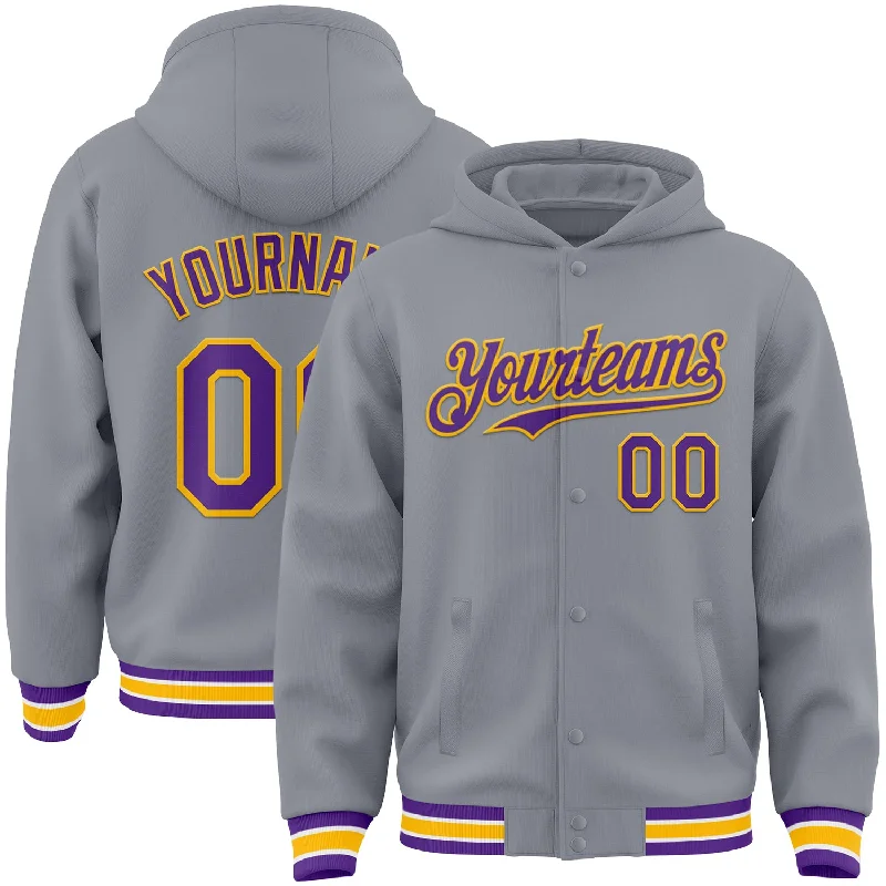 Soft French Terry Hoodie for Comfy Casual Wear-Custom Gray Purple-Gold Bomber Full-Snap Varsity Letterman Hoodie Jacket