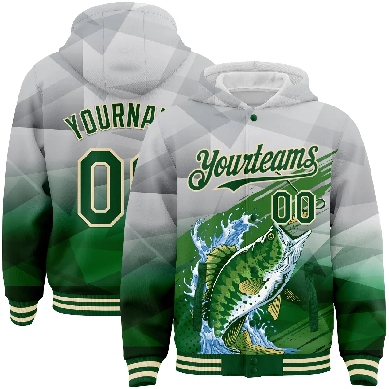 Fashion Hoodie for Trendsetters-Custom Gray Green-Cream Largemouth Bass Fish Fishing 3D Bomber Full-Snap Varsity Letterman Hoodie Jacket