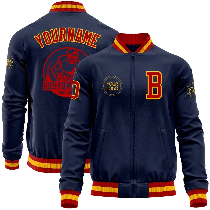 Waterproof Running Jacket for Athletes-Custom Navy Red-Gold Bomber Varsity Letterman Zipper Jacket