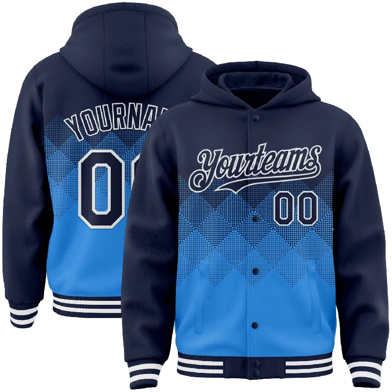 Casual Zip-Up Hoodie for Everyday Wear-Custom Navy Powder Blue-White Gradient Square Shape 3D Pattern Design Bomber Full-Snap Varsity Letterman Hoodie Jacket