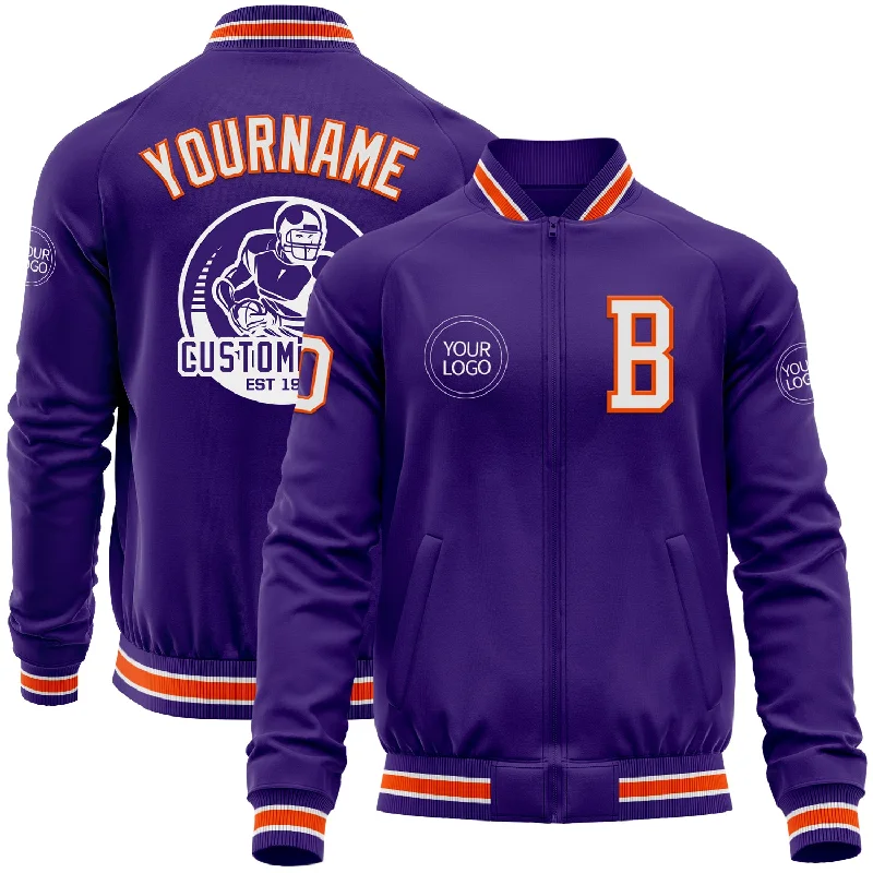 Comfortable Wool Jacket for Cold Winter Evenings-Custom Purple White-Orange Bomber Varsity Letterman Zipper Jacket