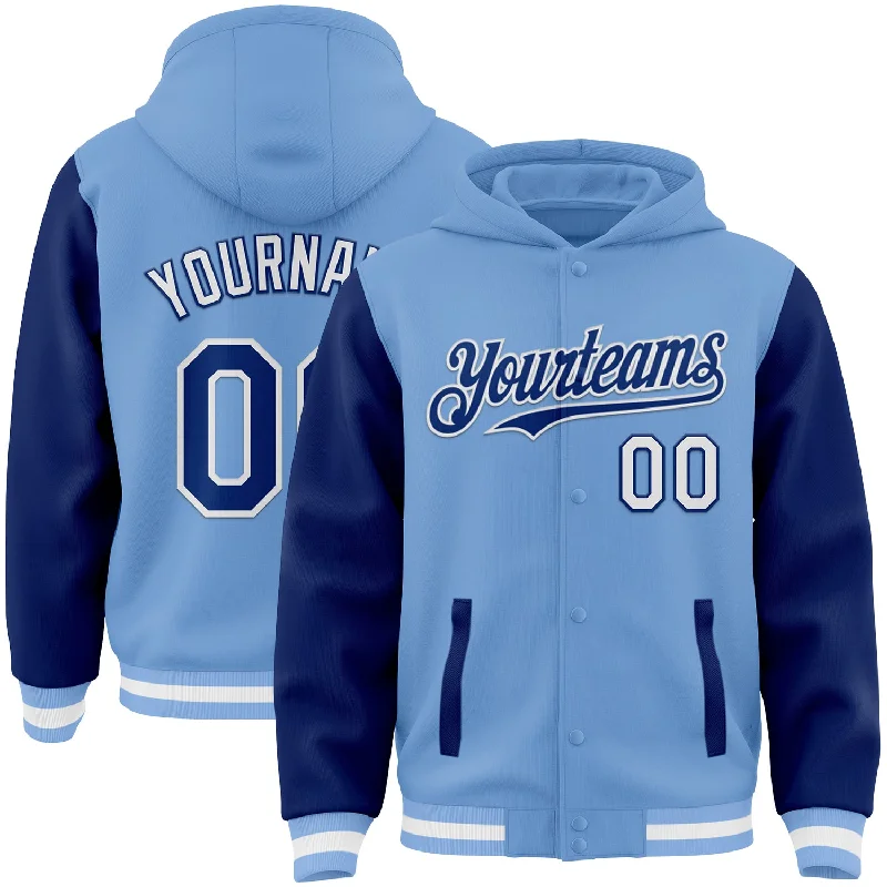 Lightweight Hoodie for Travel and Leisure-Custom Light Blue Royal-White Bomber Full-Snap Varsity Letterman Two Tone Hoodie Jacket