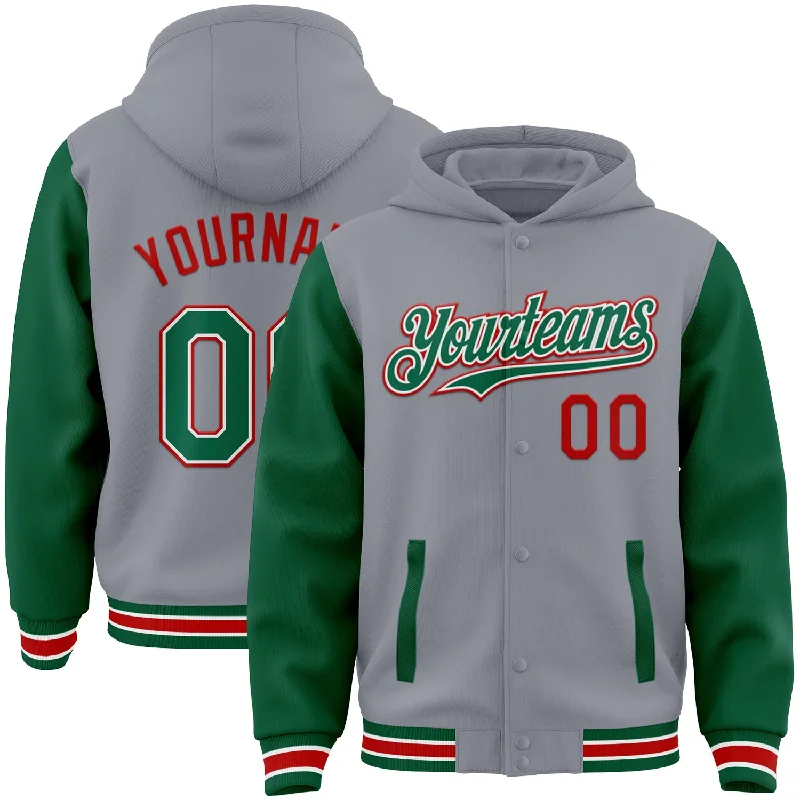 Long Sleeve Hoodie for Extra Warmth-Custom Gray Kelly Green-Red Bomber Full-Snap Varsity Letterman Two Tone Hoodie Jacket