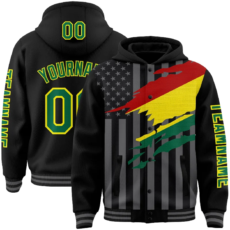 Functional Workout Hoodie for Athletes-Custom Black Kelly Green Light Yellow-Gray Bolivia Bolivian Flag 3D Bomber Full-Snap Varsity Letterman Hoodie Jacket