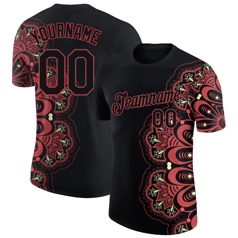 Performance T-Shirt for Active Lifestyles-Custom Black Neon Pink 3D Pattern Floral Design Performance T-Shirt