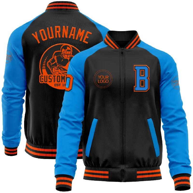 Sports Windbreaker Jacket for Active Wear-Custom Black Orange-Powder Blue Bomber Varsity Letterman Two Tone Zipper Jacket