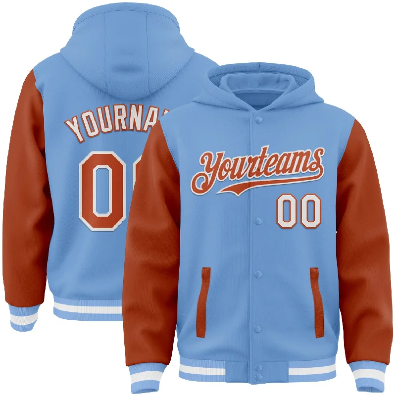 Cozy Winter Hoodie for Chilly Days-Custom Light Blue Texas Orange-White Bomber Full-Snap Varsity Letterman Two Tone Hoodie Jacket