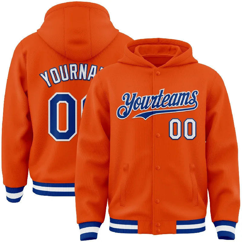 Fashion Hoodie for Trendsetters-Custom Orange Royal-White Bomber Full-Snap Varsity Letterman Hoodie Jacket