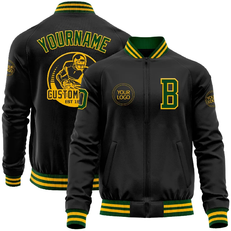 Soft Cotton Hoodie Jacket for Casual Outfits-Custom Black Gold-Green Bomber Varsity Letterman Zipper Jacket