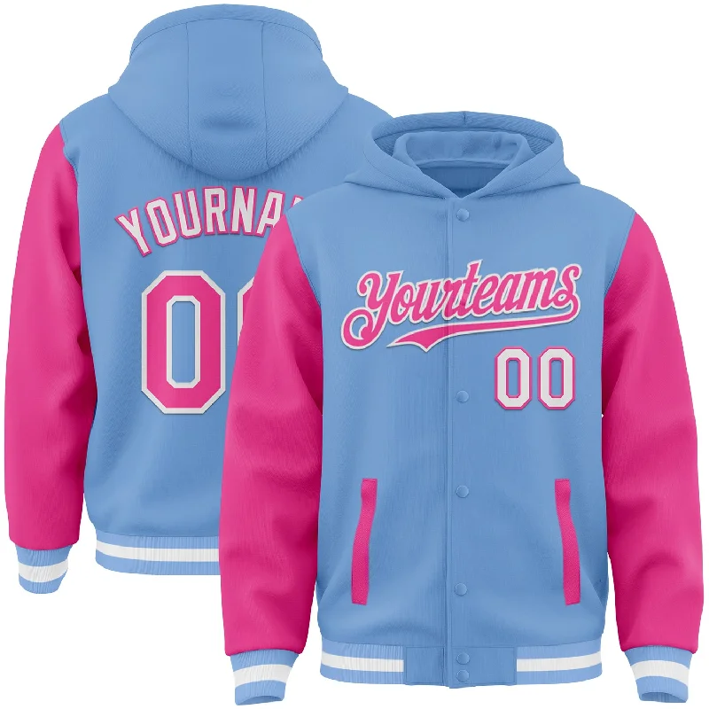 Breathable Running Hoodie for Active Wear-Custom Light Blue Pink-White Bomber Full-Snap Varsity Letterman Two Tone Hoodie Jacket