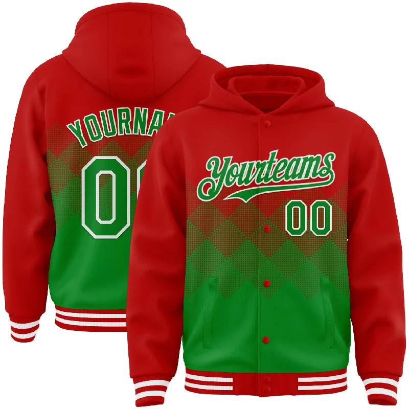 Vibrant Color Hoodie for Bright Fashion Statements-Custom Red Grass Green-White Gradient Square Shape 3D Pattern Design Bomber Full-Snap Varsity Letterman Hoodie Jacket