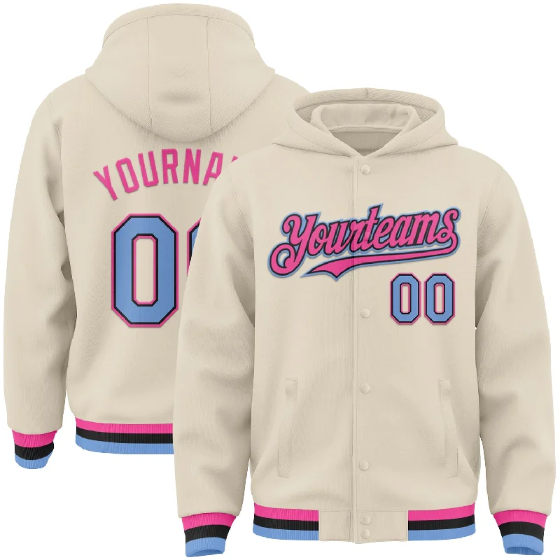 Warm Fleece-Lined Hoodie for Cold Weather-Custom Cream Light Blue Black-Pink Bomber Full-Snap Varsity Letterman Hoodie Jacket