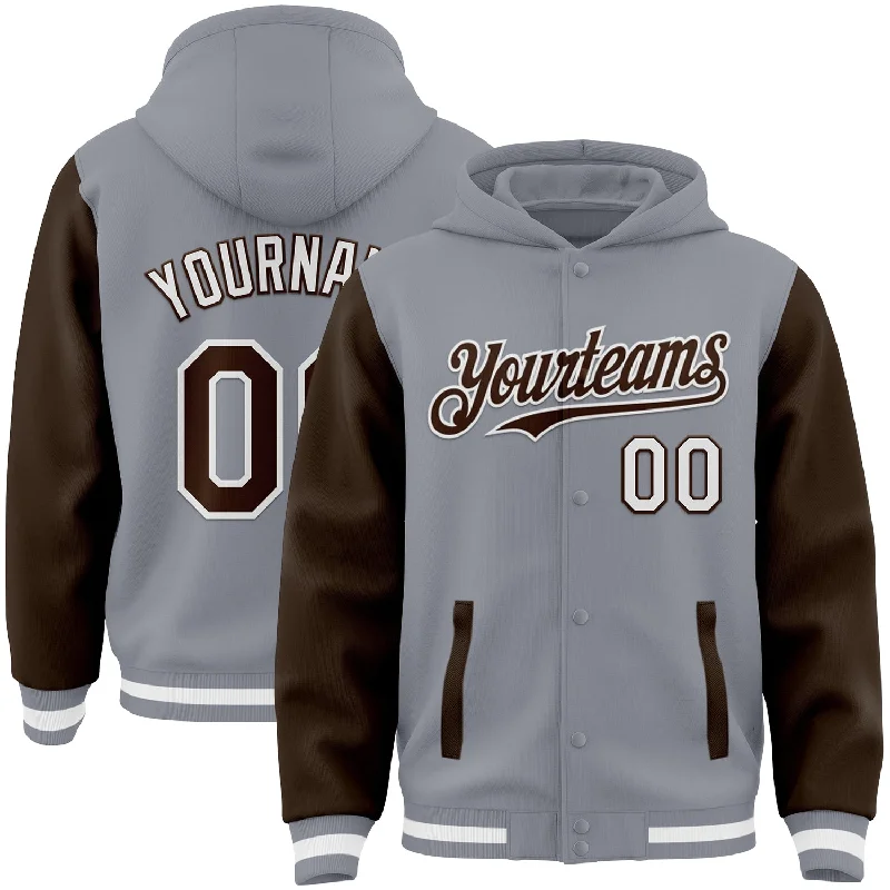 Hoodie with Front Pockets for Practical Wear-Custom Gray Brown-White Bomber Full-Snap Varsity Letterman Two Tone Hoodie Jacket