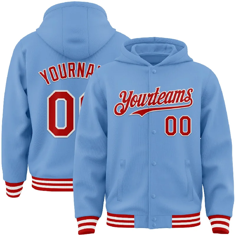 Lightweight Hoodie for Spring and Fall-Custom Light Blue Red-White Bomber Full-Snap Varsity Letterman Hoodie Jacket