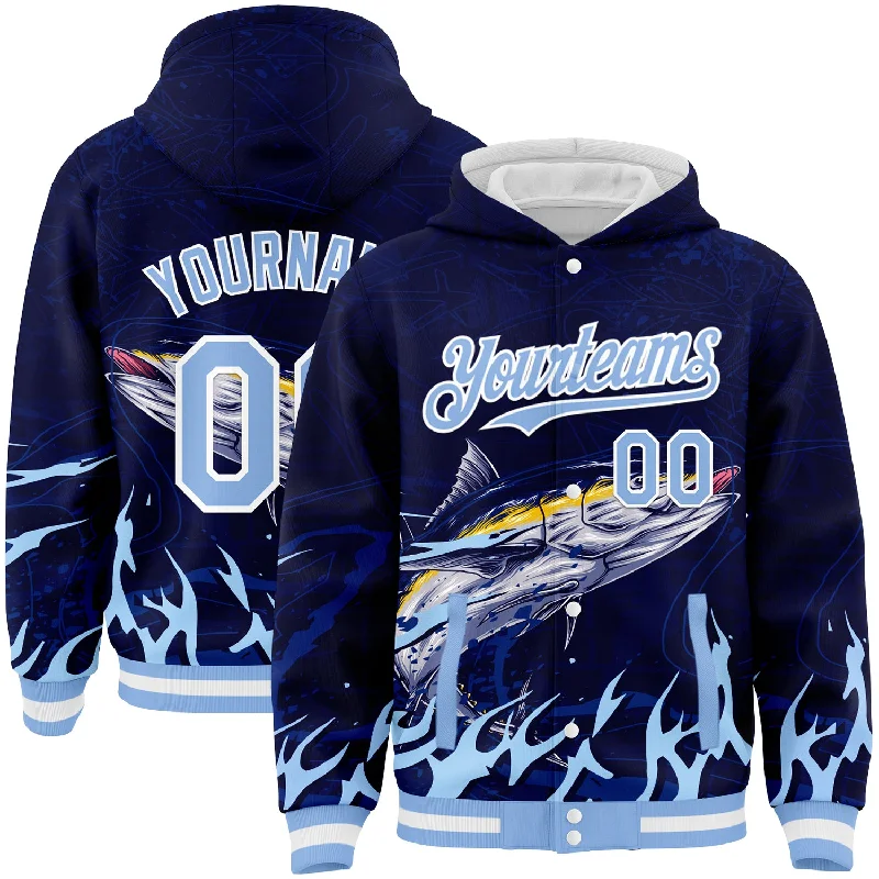 Cozy Sherpa Hoodie for Maximum Warmth-Custom Navy Light Blue-White Tuna Fish Fishing 3D Bomber Full-Snap Varsity Letterman Hoodie Jacket