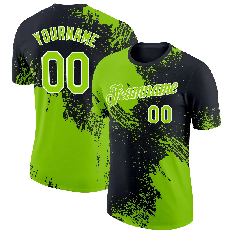 Athletic Compression T-Shirt for Sports Performance-Custom Neon Green Black-White 3D Pattern Design Abstract Brush Stroke Performance T-Shirt