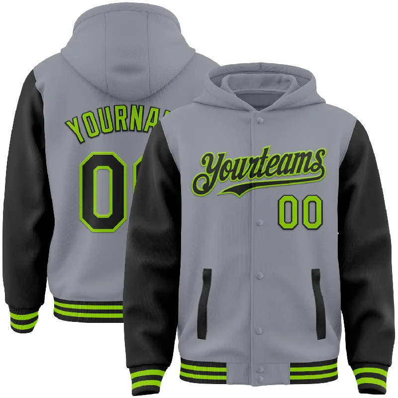 Colorful Hoodie for Fun Fashion Vibes-Custom Gray Black-Neon Green Bomber Full-Snap Varsity Letterman Two Tone Hoodie Jacket