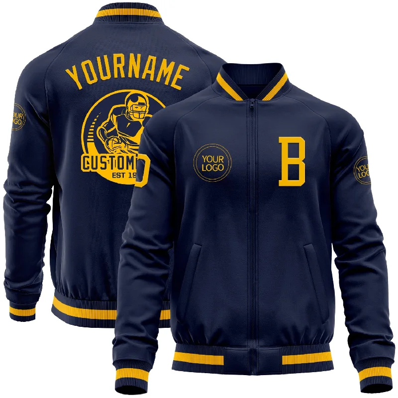 Water-Resistant Outdoor Jacket for Hikers-Custom Navy Gold Bomber Varsity Letterman Zipper Jacket