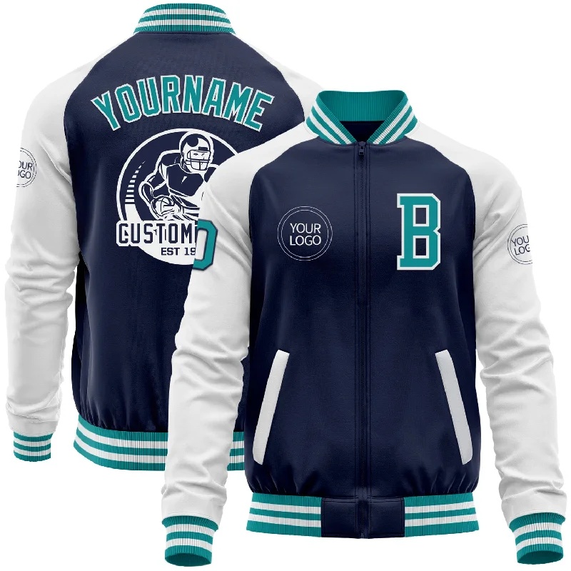 Classic Field Jacket for Vintage Outdoor Style-Custom Navy Teal-White Bomber Varsity Letterman Two Tone Zipper Jacket