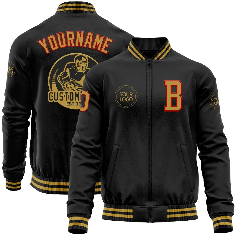 Reversible Jacket for Two Looks in One-Custom Black Old Gold-Red Bomber Varsity Letterman Zipper Jacket