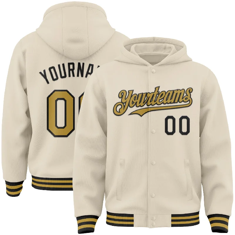 High-Neck Hoodie for Extra Warmth-Custom Cream Old Gold-Black Bomber Full-Snap Varsity Letterman Hoodie Jacket