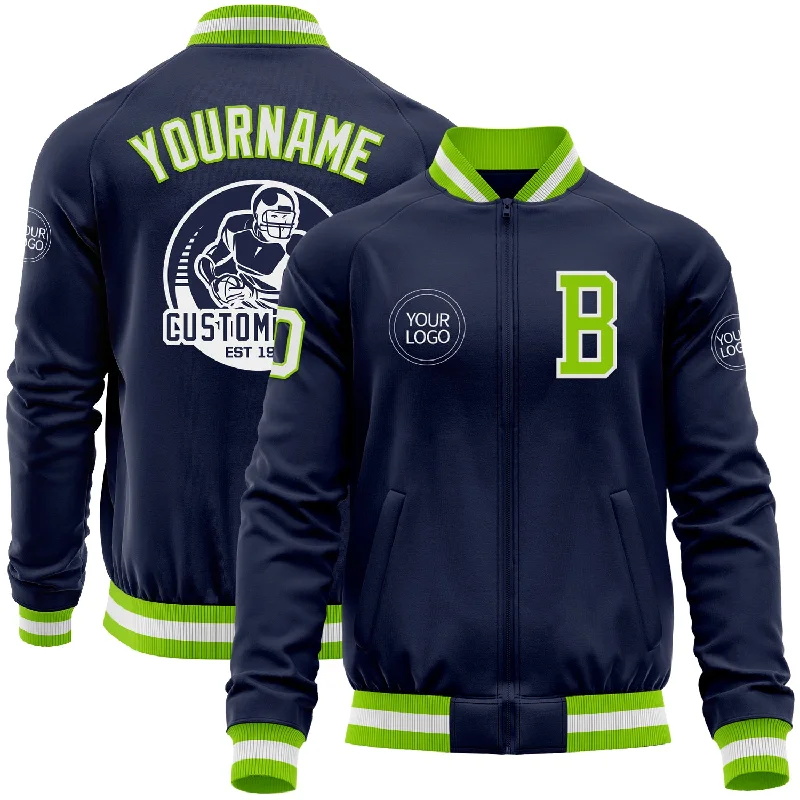 Comfortable Wool Jacket for Cold Winter Evenings-Custom Navy White-Neon Green Bomber Varsity Letterman Zipper Jacket