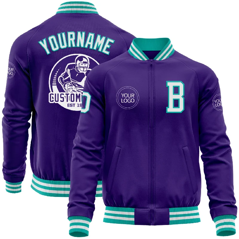 Water-Resistant Outdoor Jacket for Hikers-Custom Purple White-Aqua Bomber Varsity Letterman Zipper Jacket