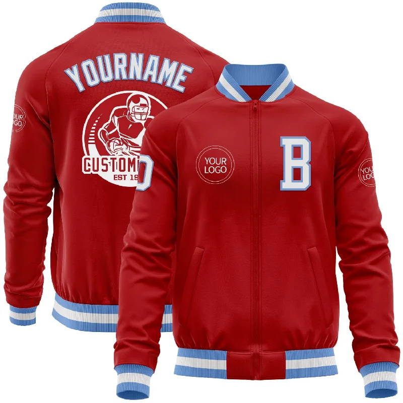 Windproof Jacket for Sports and Hiking-Custom Red White-Light Blue Bomber Varsity Letterman Zipper Jacket