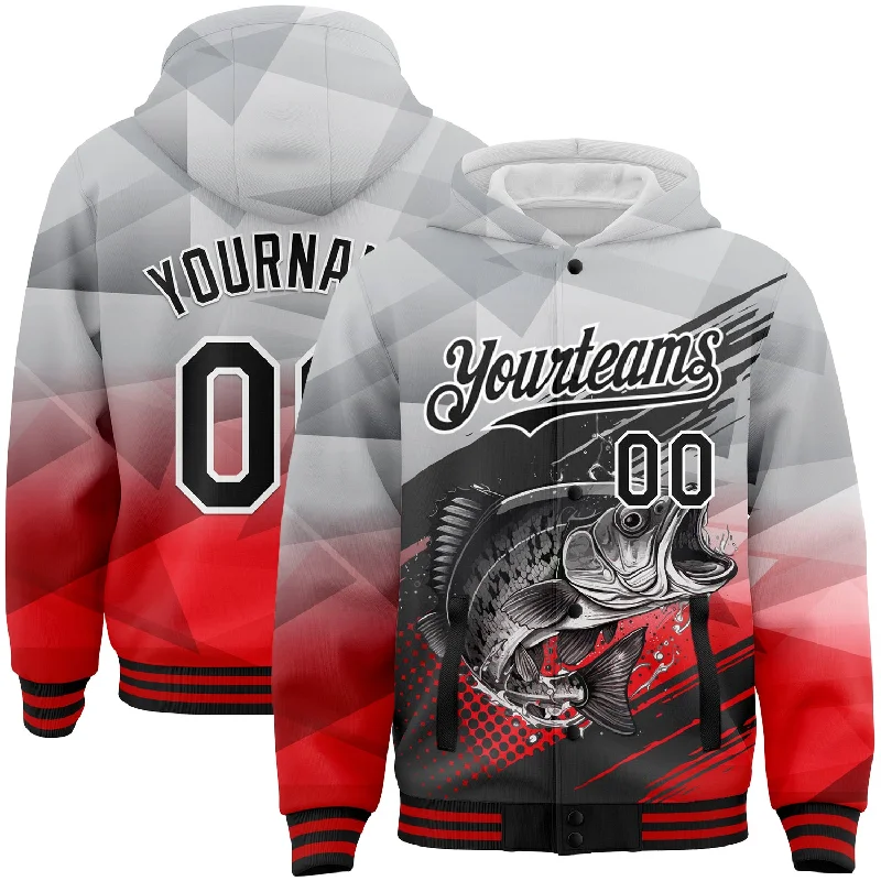 Hoodie with Front Pockets for Practical Wear-Custom Gray Black-Red Largemouth Bass Fish Fishing 3D Bomber Full-Snap Varsity Letterman Hoodie Jacket