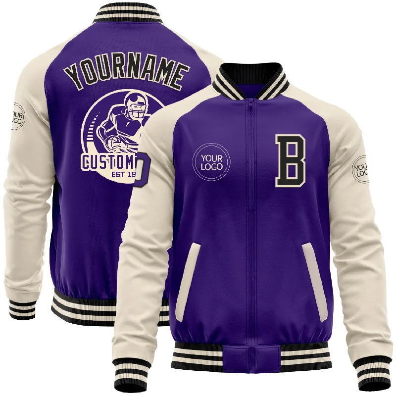 Lightweight Fleece Zip-Up Jacket for Layering-Custom Purple Black-Cream Bomber Varsity Letterman Two Tone Zipper Jacket