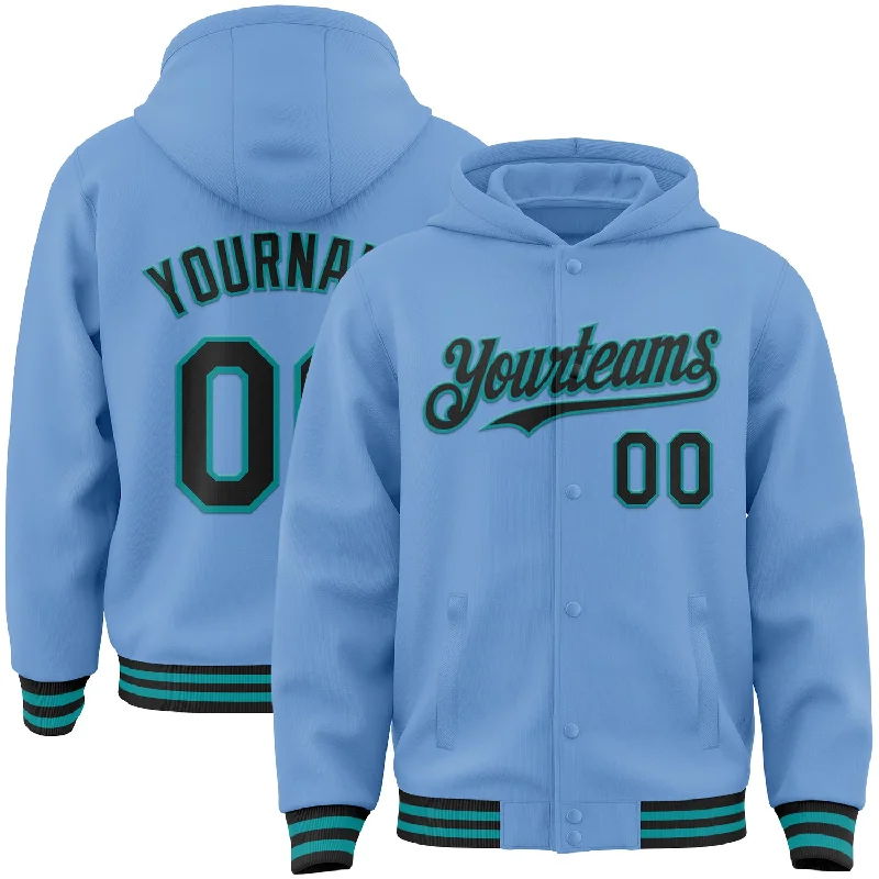 Cozy Hooded Sweatshirt for Winter Comfort-Custom Light Blue Black-Teal Bomber Full-Snap Varsity Letterman Hoodie Jacket