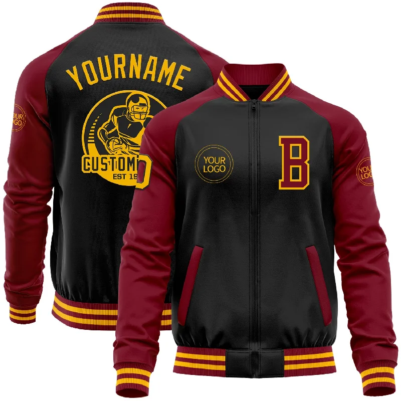 Versatile All-Season Jacket for Year-Round Wear-Custom Black Gold-Crimson Bomber Varsity Letterman Two Tone Zipper Jacket