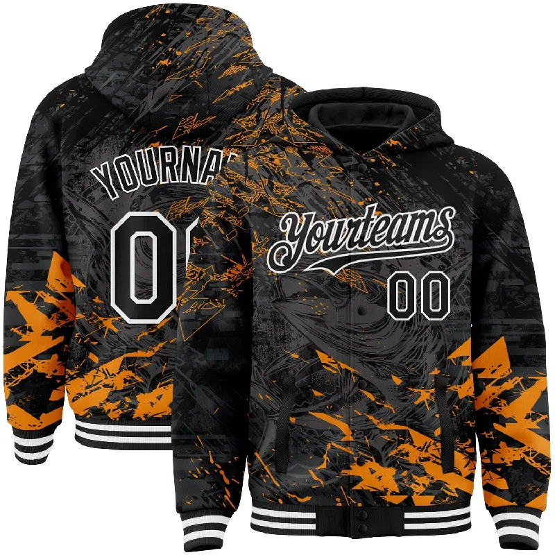 Lightweight Packable Hoodie for Travel-Custom Black Orange-White Tuna Fish Fishing 3D Bomber Full-Snap Varsity Letterman Hoodie Jacket